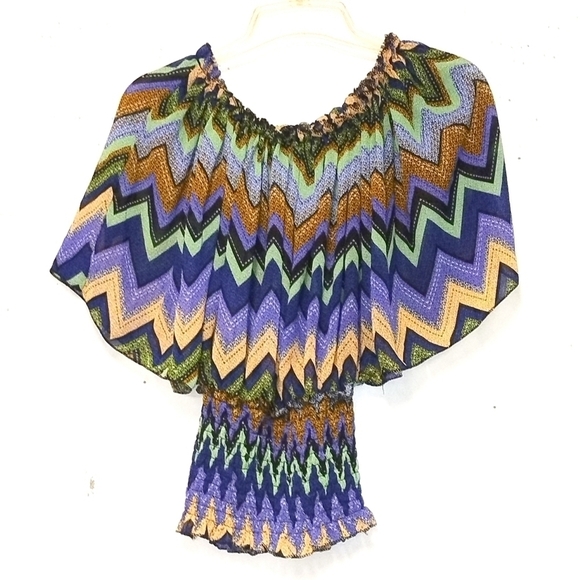 Women's bat sleeve sheer colorful shirring waist cropped top Size: L - Picture 2 of 4